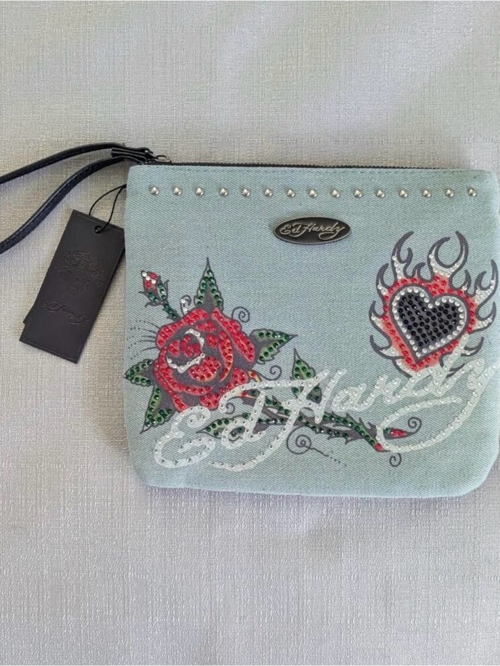 Ed Hardy Denim Blue Embellished Wristlet with Rose & Heart Motif. NEW WITH TAGS!